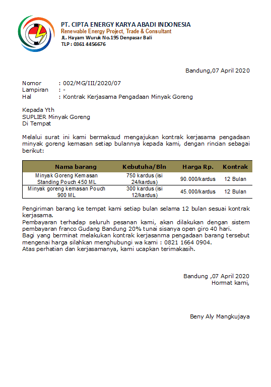 kerjasama pengadaan minyak goreng
